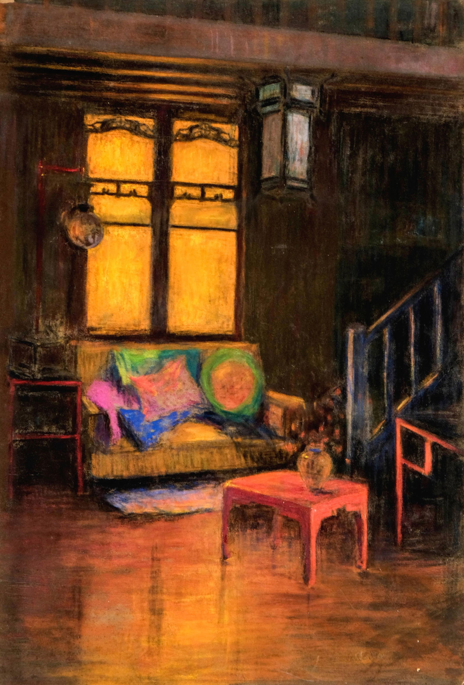 Edouard Cortes, Signed Pastel on Paper Painting, Rare Japanese Interior, with Certificate: Keywords: Art Deco, Japonisme, Modernism Movement, Post-Impressionism, Belle Époque, Early 20th Century Decorative Arts, Henri Rivière style, Édouard Vuillard style, Pierre Bonnard style, pastel,