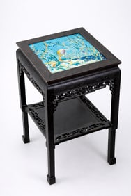 Gabriel Viardot Orientalist Carved Wood Table With Longwy Tile Top, Circa 1900, French