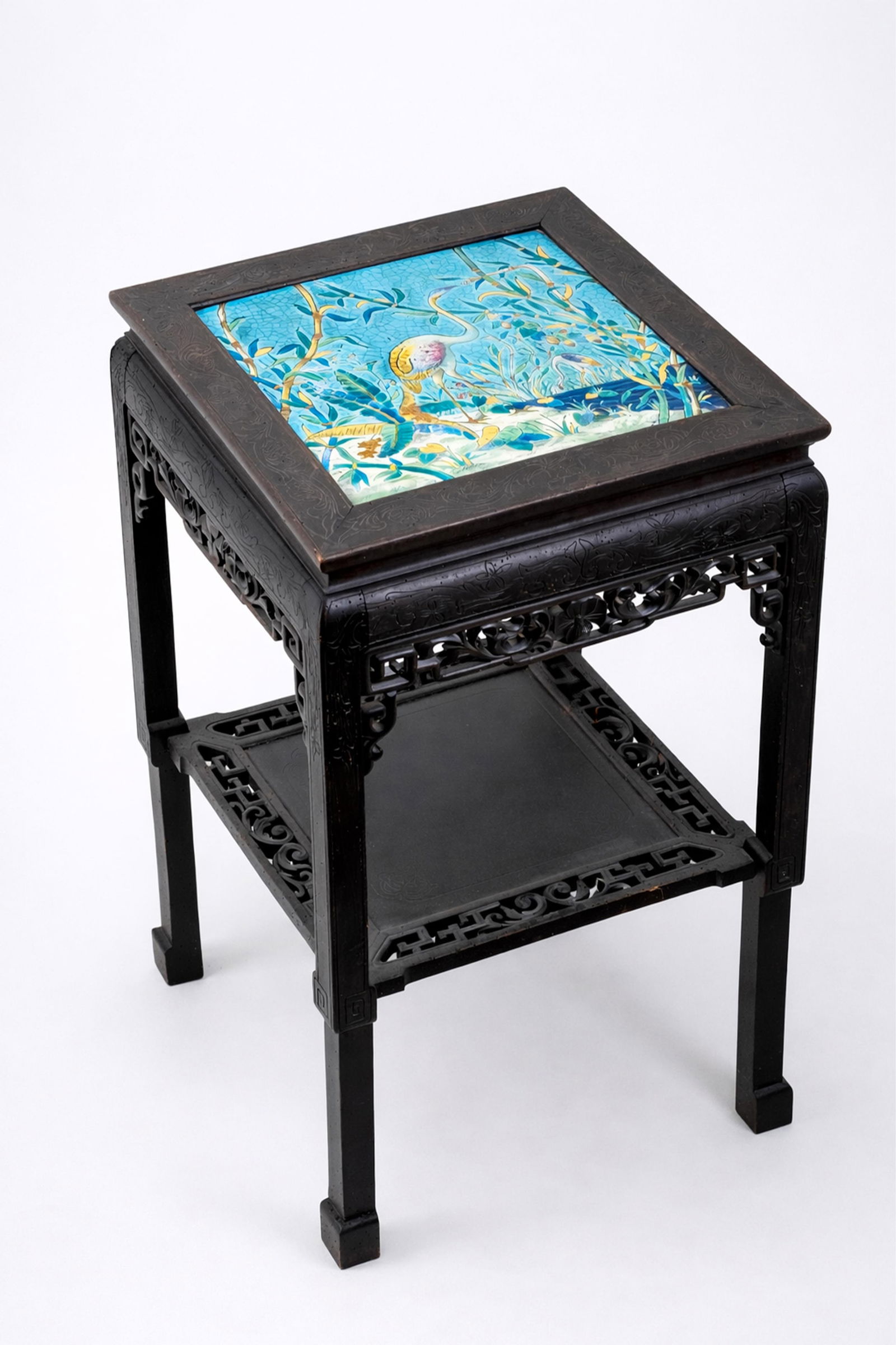 Gabriel Viardot Orientalist Carved Wood Table With Longwy Tile Top, Circa 1900, French: Keywords: Orientalist furniture, French decorative arts, carved hardwood table, polychrome ceramic tile, Longwy faience, exotic bird motif, heron design, bamboo landscape, Chinoiserie influence,