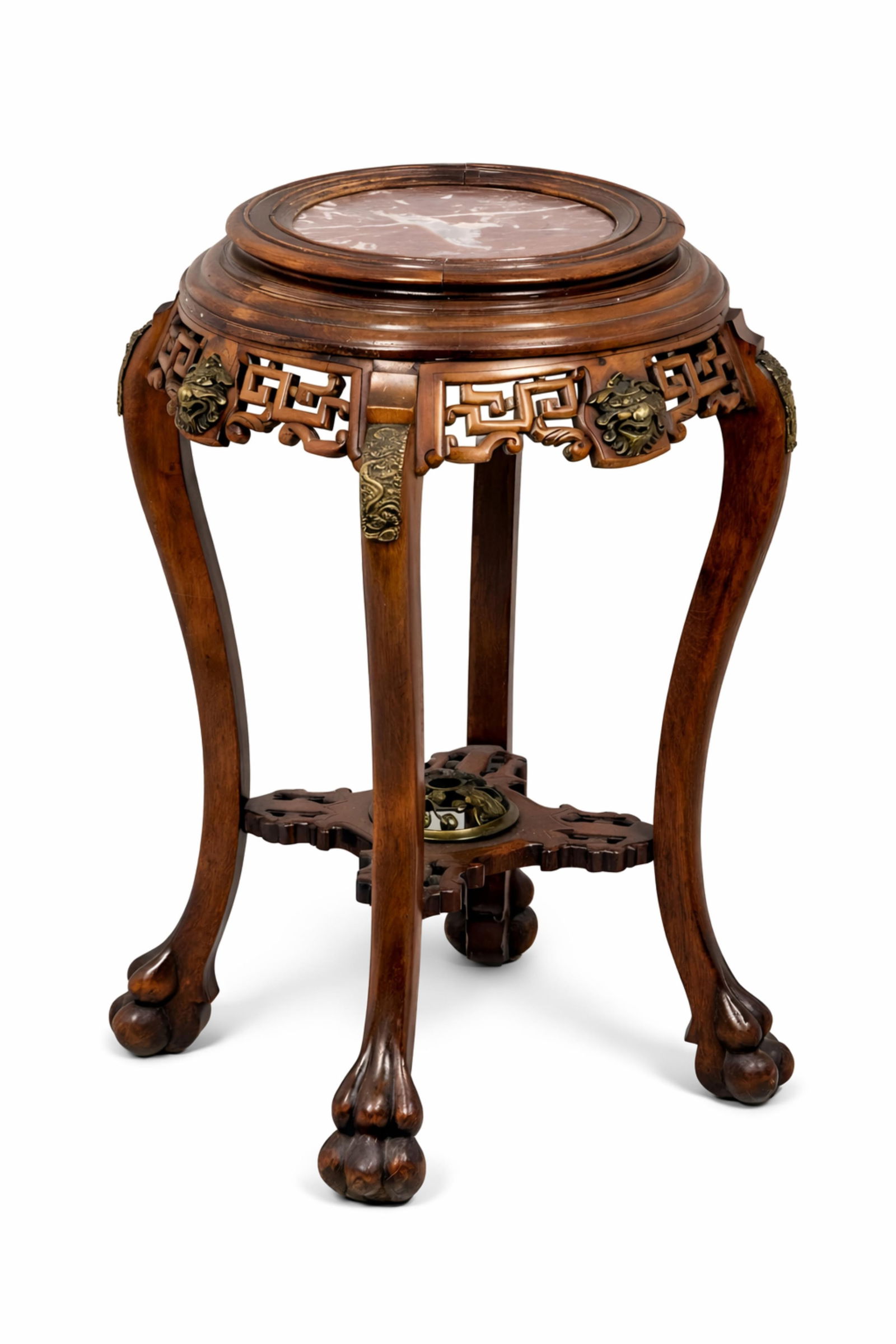 Gabriel Viardot Bronze mounted Orientalism Tall Pedestal Table c.1910: Keywords: Japonisme influence, Orientalist décor, carved hardwood, pierced apron, openwork frieze, gilt-bronze mounts, cabriole legs, ball-and-claw feet, circular top, plant pedestal, display stand,