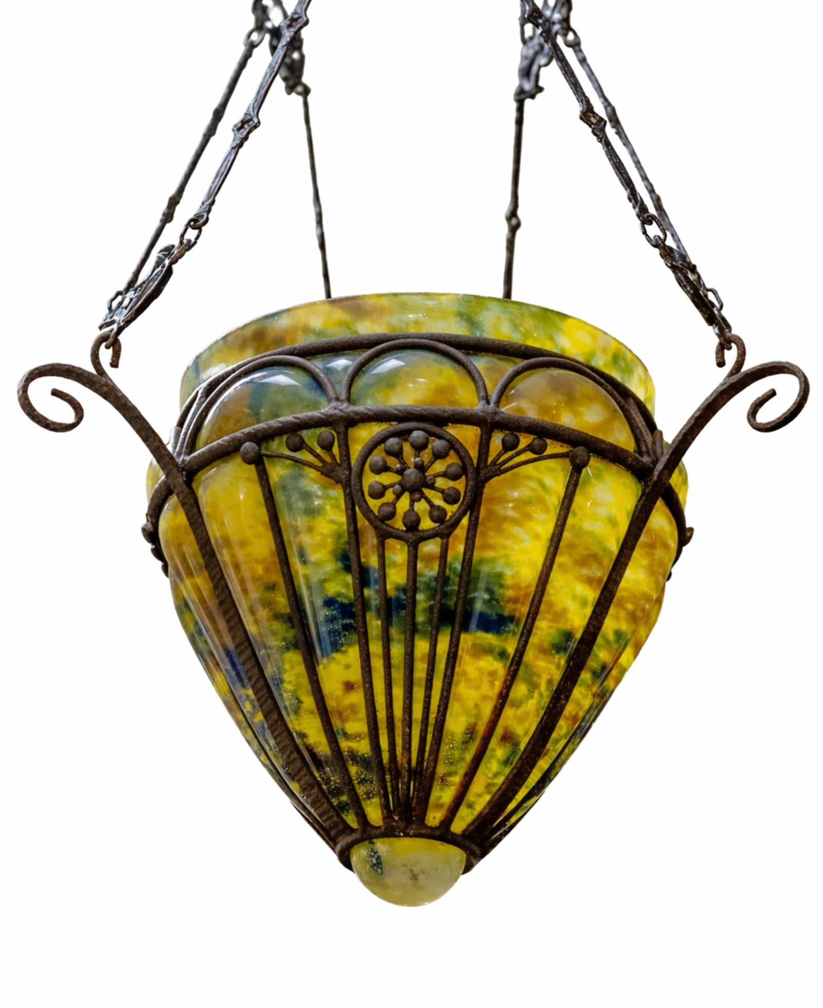 Signed André Delatte, Nancy, Art Deco Wrought-Iron and Art Glass Pendant, c.1925: Keywords: No reserve, suspension light, ceiling lantern, chandelier, French 1920s, pâte-de-verre, interwar lighting; interiors; foyer/dining fixture, french art glass Summary: Wonderful André