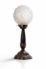 Art Deco Double Patina w Molded Frosted Glass Globe Shade Table Lamp