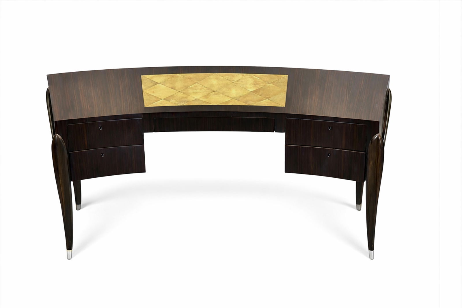 Jean Jacques Ruhlmann Curved desk in Macassar Mahogany w. Shagreen Top circa 1900: Keywords: No reserve, art deco, semicircular console, demilune cabinet, macassar ebony veneer, exotic wood veneer, parquetry inlay, parchment panel, diamond pattern, curved front, four drawer, storage