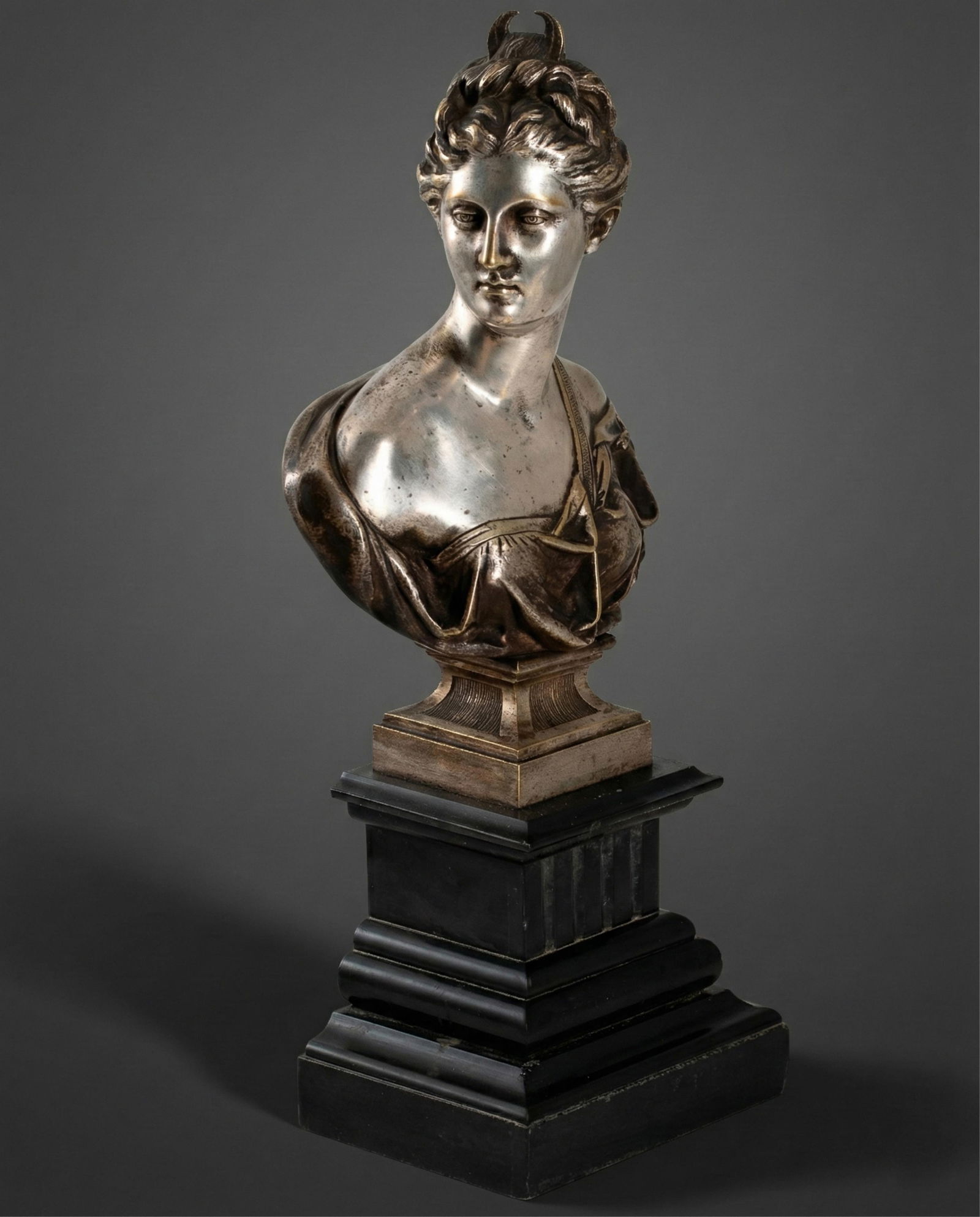 *Diana* silvered and gilt bronze, signed sculpture French, dated 1899: Keywords: Bronze Bust, neoclassical style, mythological goddess Diana, Continental decorative arts, 19th century France, academic modeling, tabletop statue, salon display Summary: "Diana", silvered