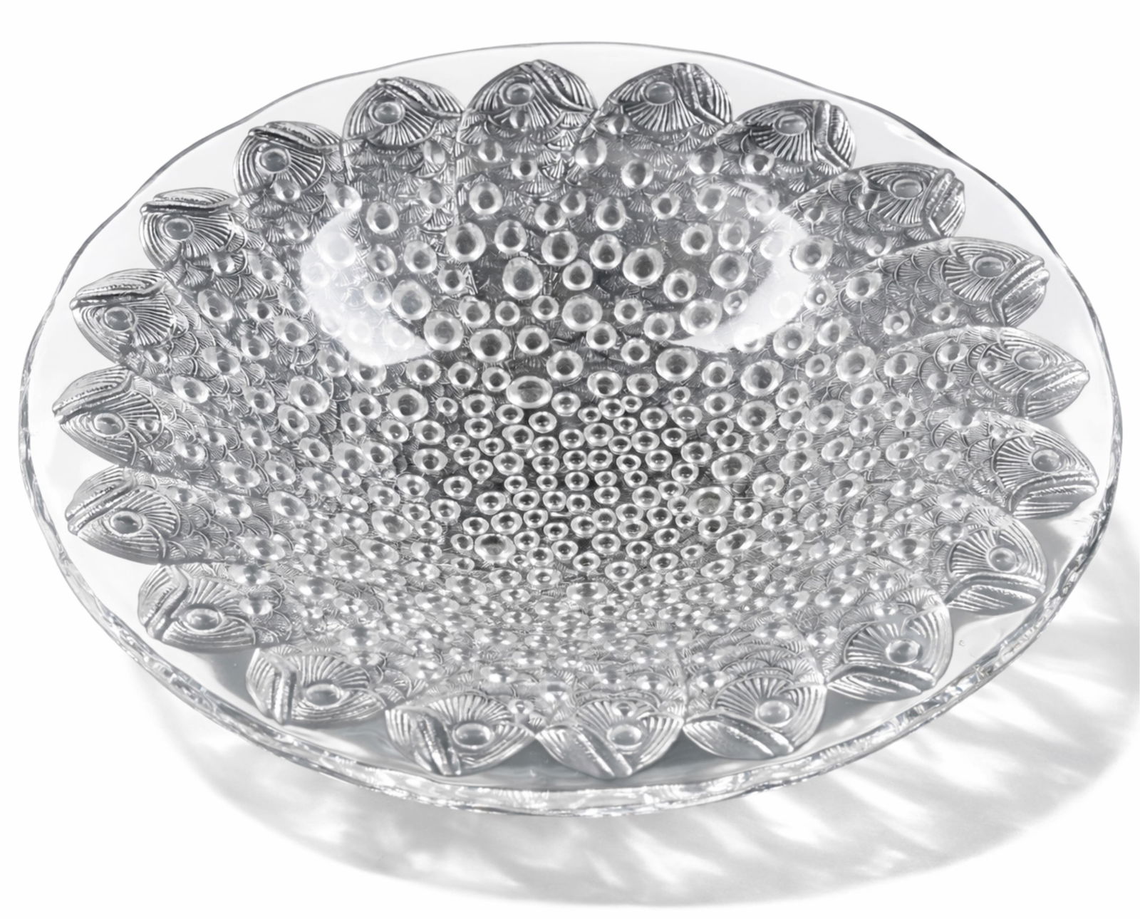 Lalique Signed 14" Crystal Roscoff Coupe Ouverte Centerpiece Shallow Bowl: Keywords: Lalique, crystal bowl, Roscoff, coupe ouverte, fish motif, French art glass, signed Lalique France, 20th century Summary: A Lalique crystal 14” Roscoff Coupe Ouverte bowl, crafted in