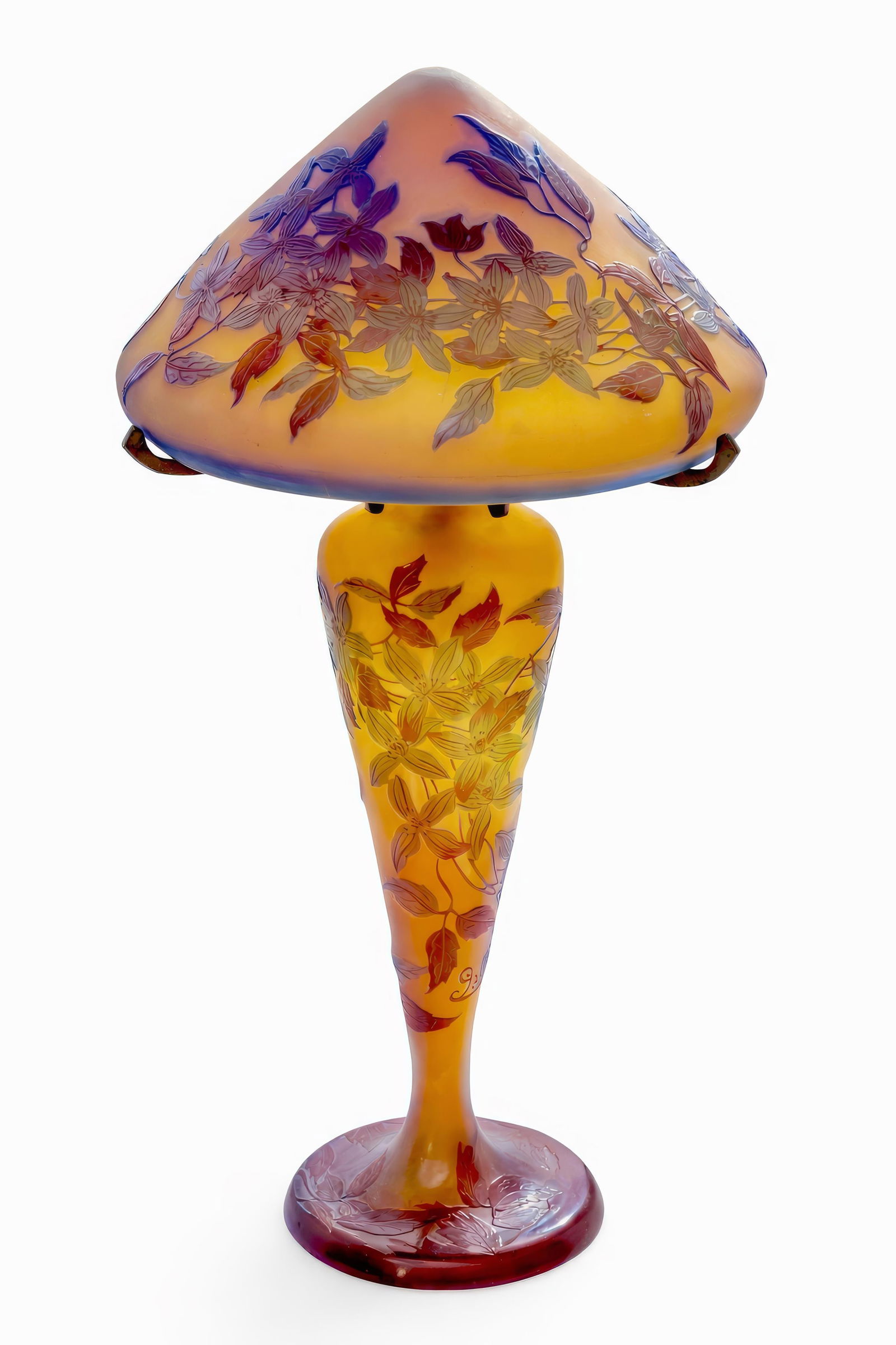 Gallé, Large Signed 4 Layer Cameo Glass Mushroom Lamp, Circa 1900's: Keywords: Galle, École de Nancy, French Art Nouveau, cameo glass, acid-etched, mushroom form, early 1900s, period lighting, Nancy glass, collectible art glass, decorative table lamp Summary: