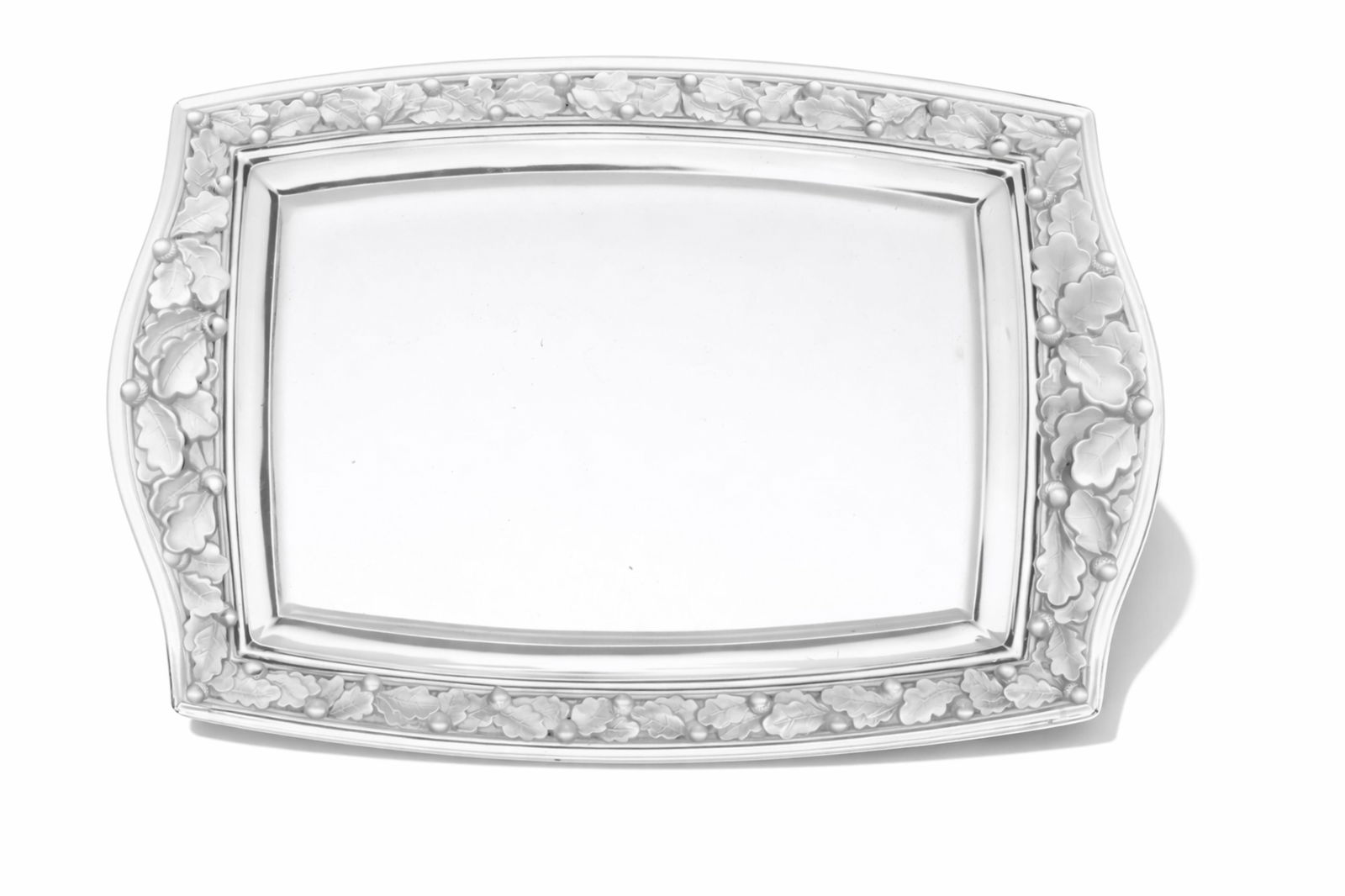 René Lalique Large 18" Signed Rectangular Platter or Tray, "Oak" Model, 1940s: Keywords: Art Deco, Art Nouveau, Modernist Tableware, French Decorative Arts, Mid-20th Century Design, Postwar Design, Rene Lalique style, Georg Jensen style, Christofle style, molded glass, frosted