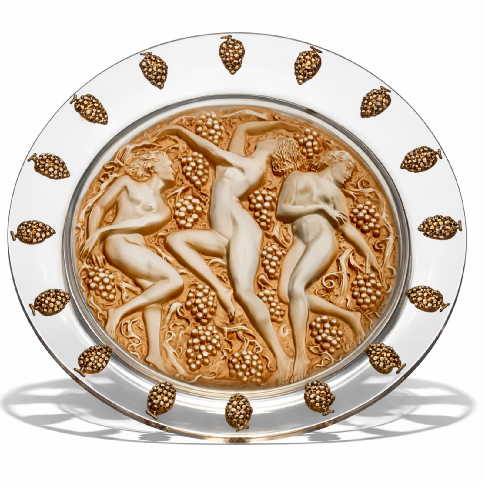 Lalique Signed “Three Graces" Molded and Frosted Art Glass Centerpiece, Circa 1930: Keywords: Lalique glass, Three Grace, Art Deco glass, French design, molded glass, frosted glass, nude figures, grapes motif, centerpiece bowl, signed Lalique France, 1930s, decorative art,