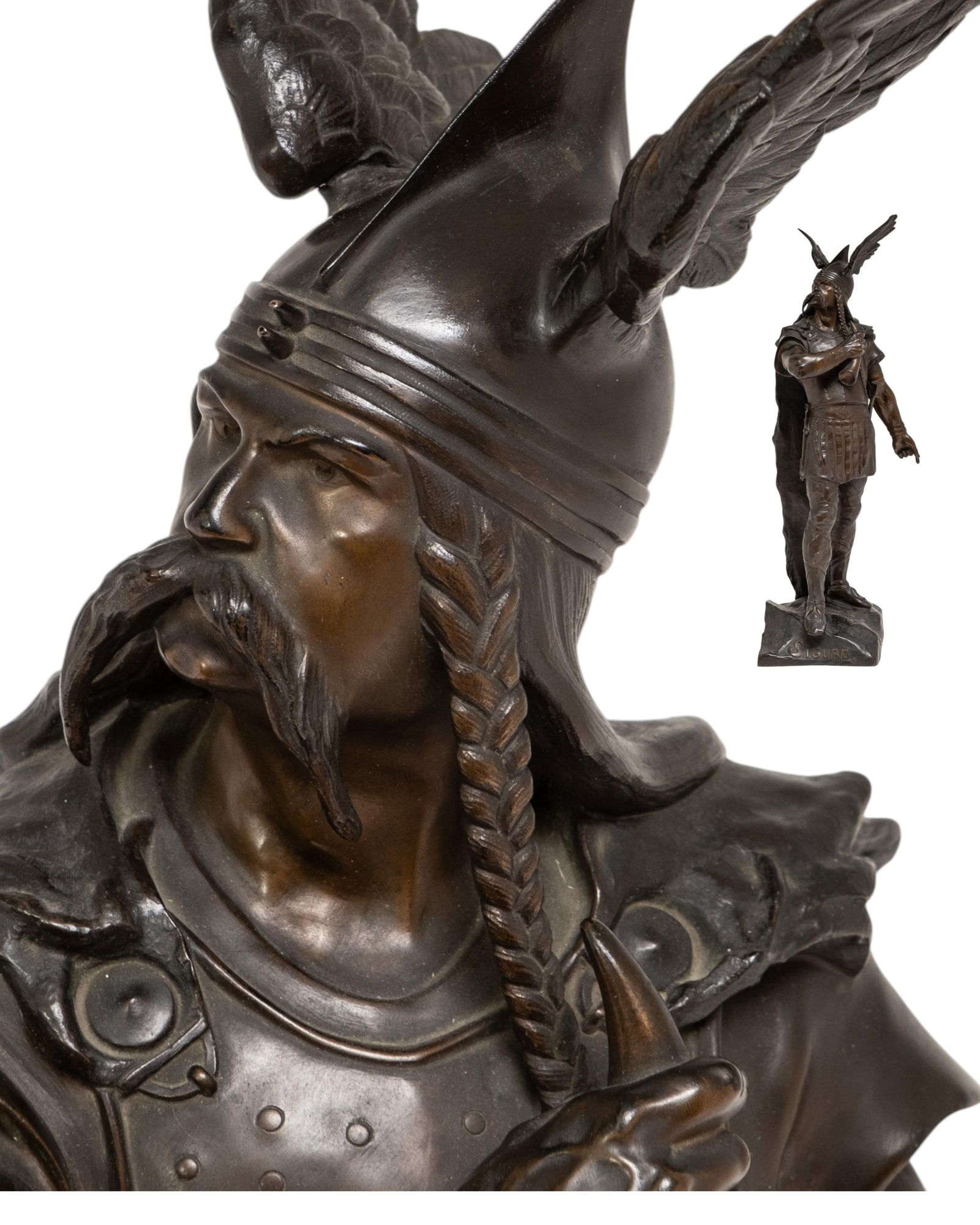 Auguste de Wever Signed Large 31" “Sigurd" Bronze Proof Sculpture, 19th Century: Keywords: Academic Realism, Neoclassicism, Romanticism, French Sculpture, 19th Century Figurative Art, Historicist Movement, Auguste Rodin style, Antoine Bourdelle style, Jean-Baptiste Carpeaux