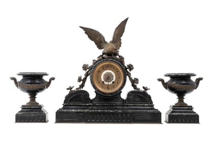 Bronze French Empire Antique Mantel Clock Garniture Set, 19th Century