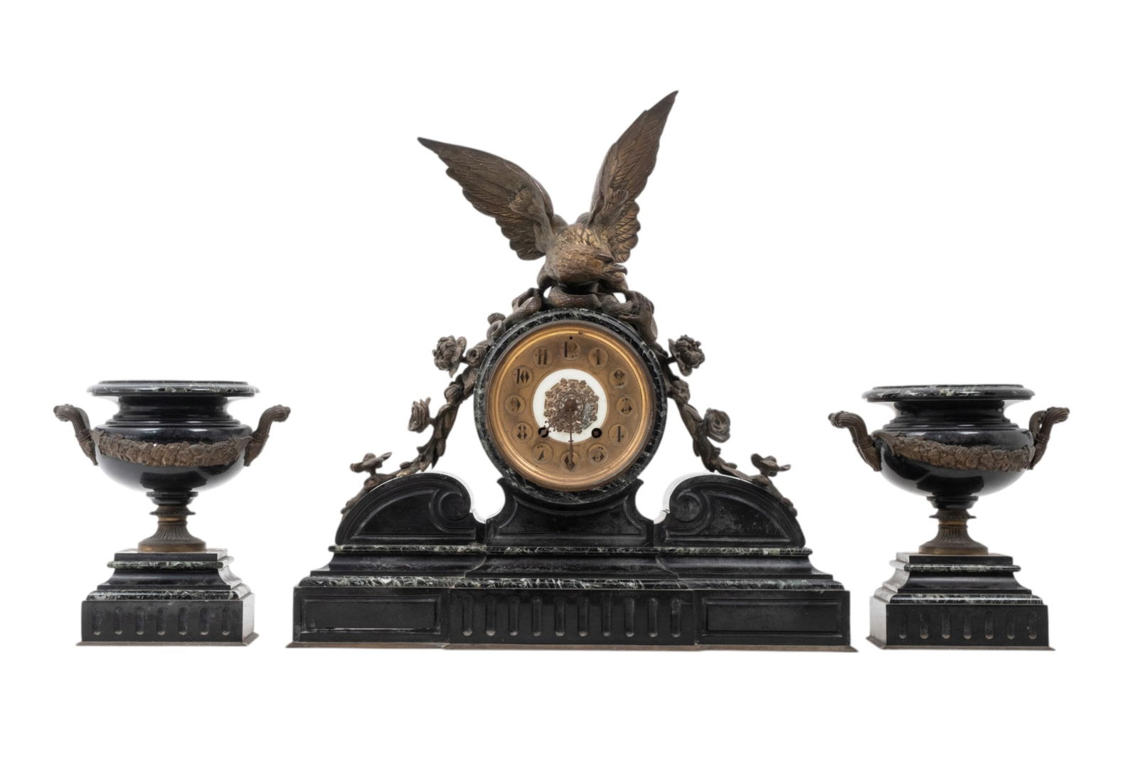 Bronze French Empire Antique Mantel Clock Garniture Set, 19th Century: Keywords: neoclassical influence, gilded accents, symbolic eagle motif, 19th-century french design, European clockmaking tradition, Victorian-era decor, antique mantelpiece Summary: 19th century