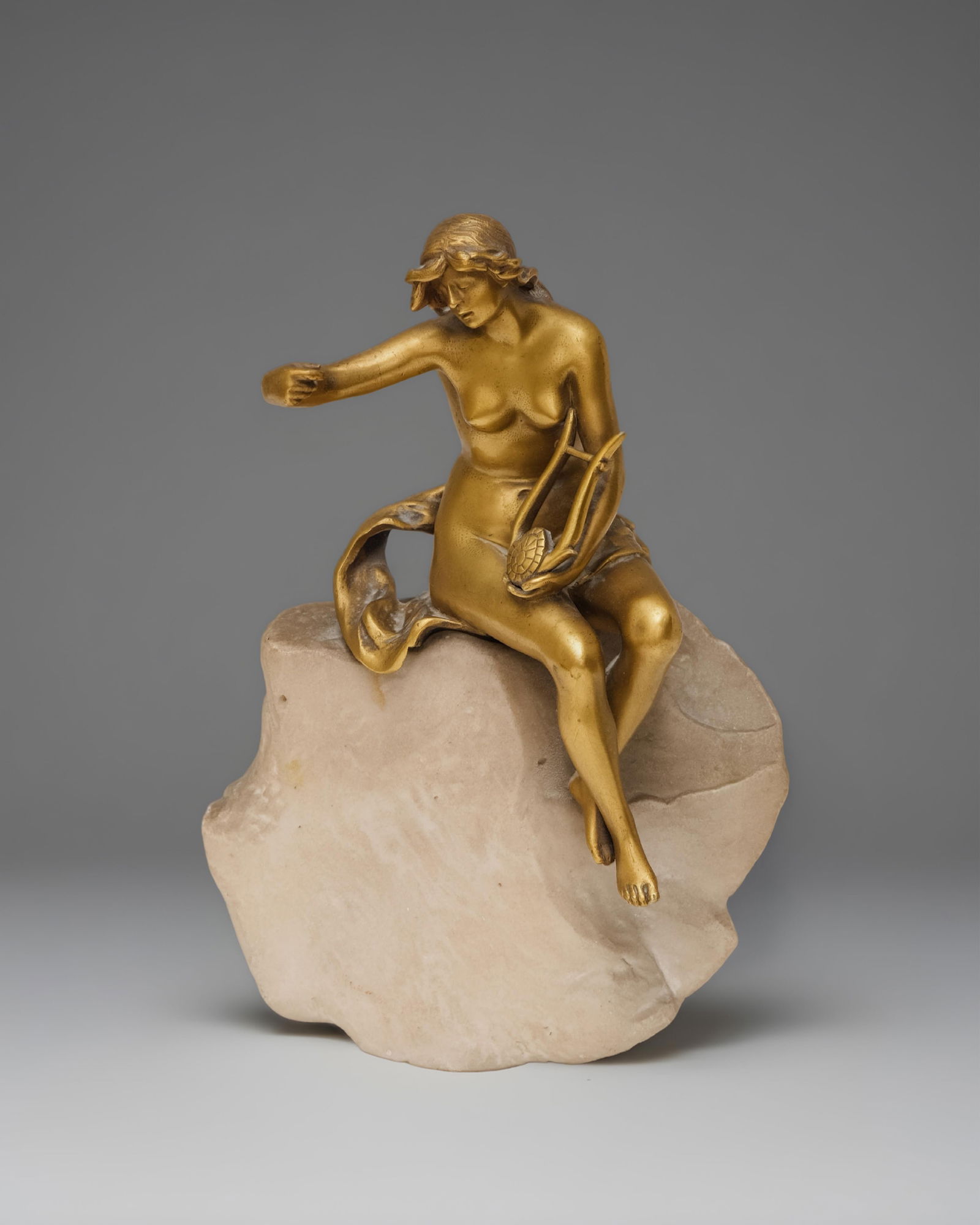 Joaquin Angles, France, Gilt Patinated Bronze Sculpture ‘Nymph with the Lyre’ seated on: Keywords: Art Nouveau, Lorelei, Belle Époque, Symbolism Movement, Jugendstil, Romantic Revival, Early 20th Century Decorative Arts, Albert-Ernest Carrier-Belleuse style, Raoul Larche style,