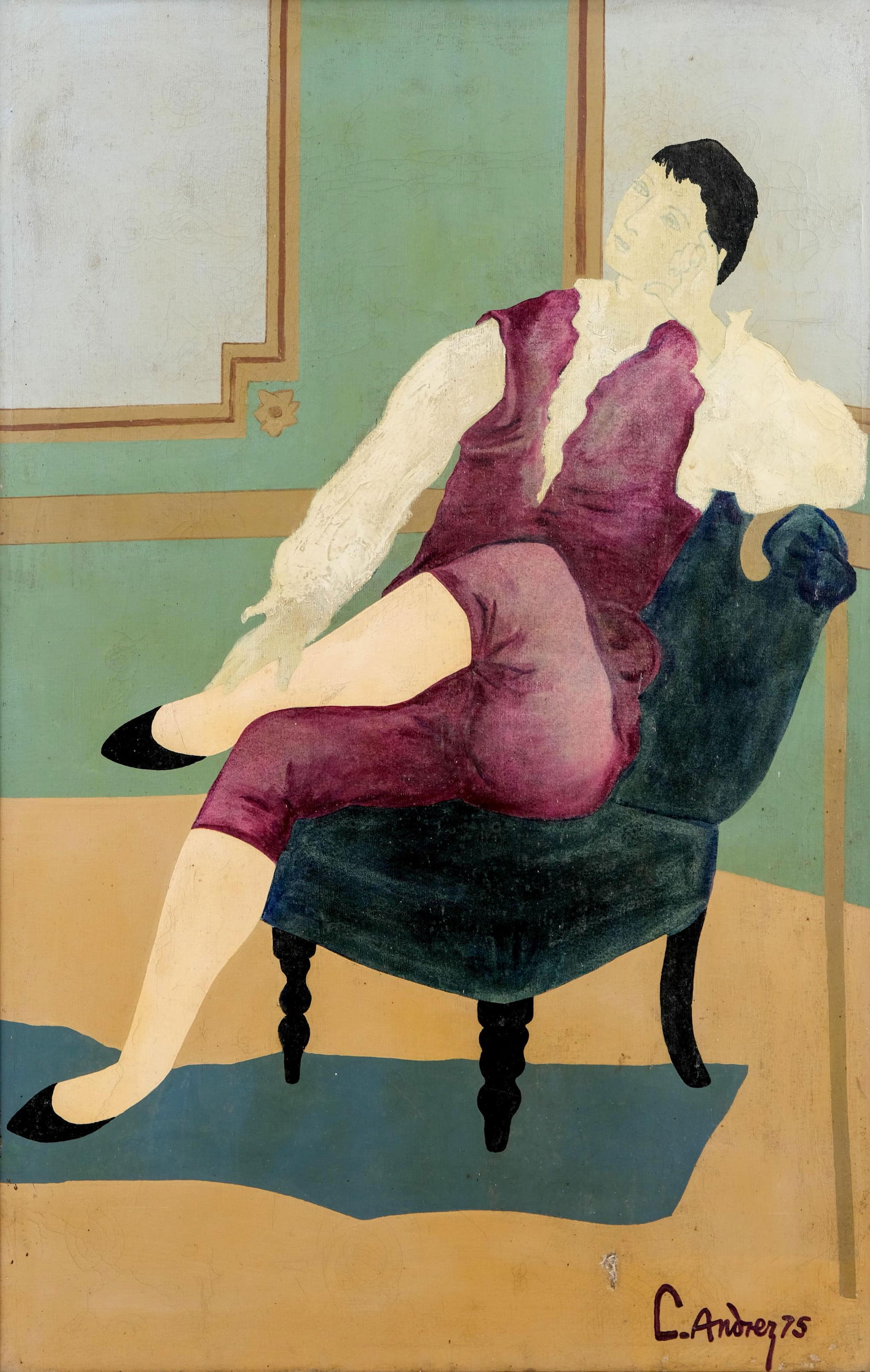C. Andrez signed Oil Painting, “Man on Chair," 1975: Keywords: modern art, postwar, 1970s, contemporary figurative, seated figure, art deco influence, statement wall art, gallery piece, collector artwork, decorative wall art, studio piece Summary: Oil