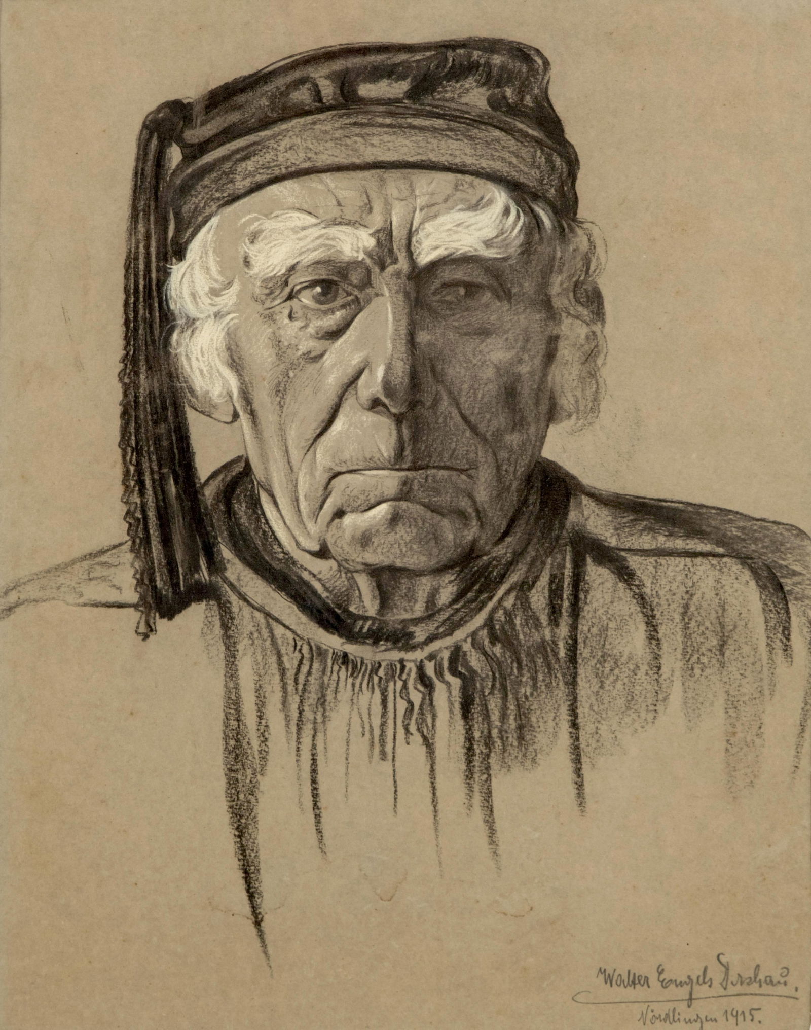 Mystery Artist: Signed Antique German Pastel Crayon Portrait Painting, Nördlingen 1915: Keywords: No reserve, Expressionism, Impressionism, Realism, German Art, Elderly Figure, Pastel Technique, Figurative Art, Portrait Drawing, Early 20th Century, European Art, Historical Figure,