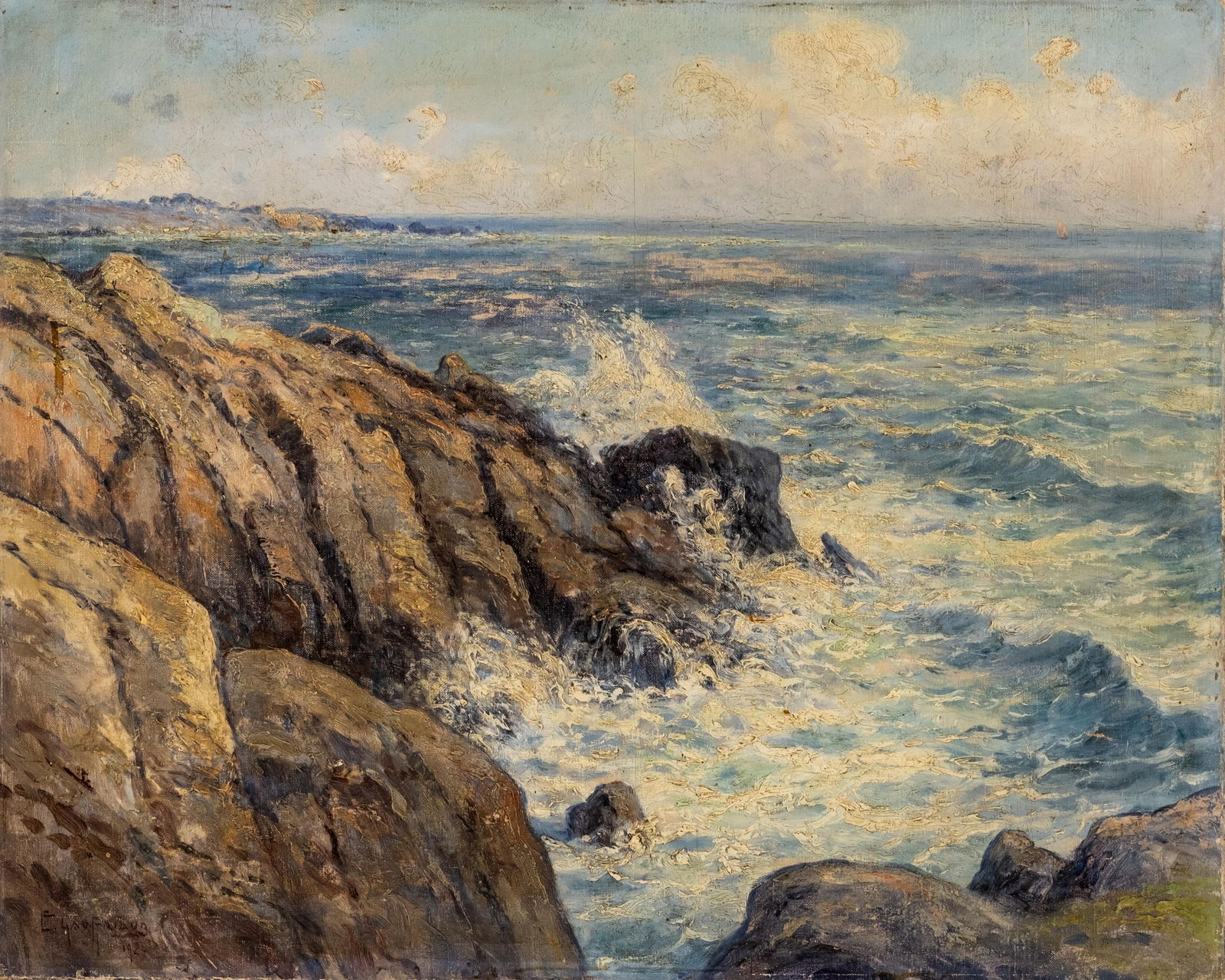 Emile Gauffriaud Signed Oil on Canvas Painting, 1924: Keywords: French artist, coastal landscape, Breton coast, seascape, crashing waves, rocky cliffs, Art Deco movement, Post-Impressionism, Modernist painting, Belle Époque influence, Fauvism color