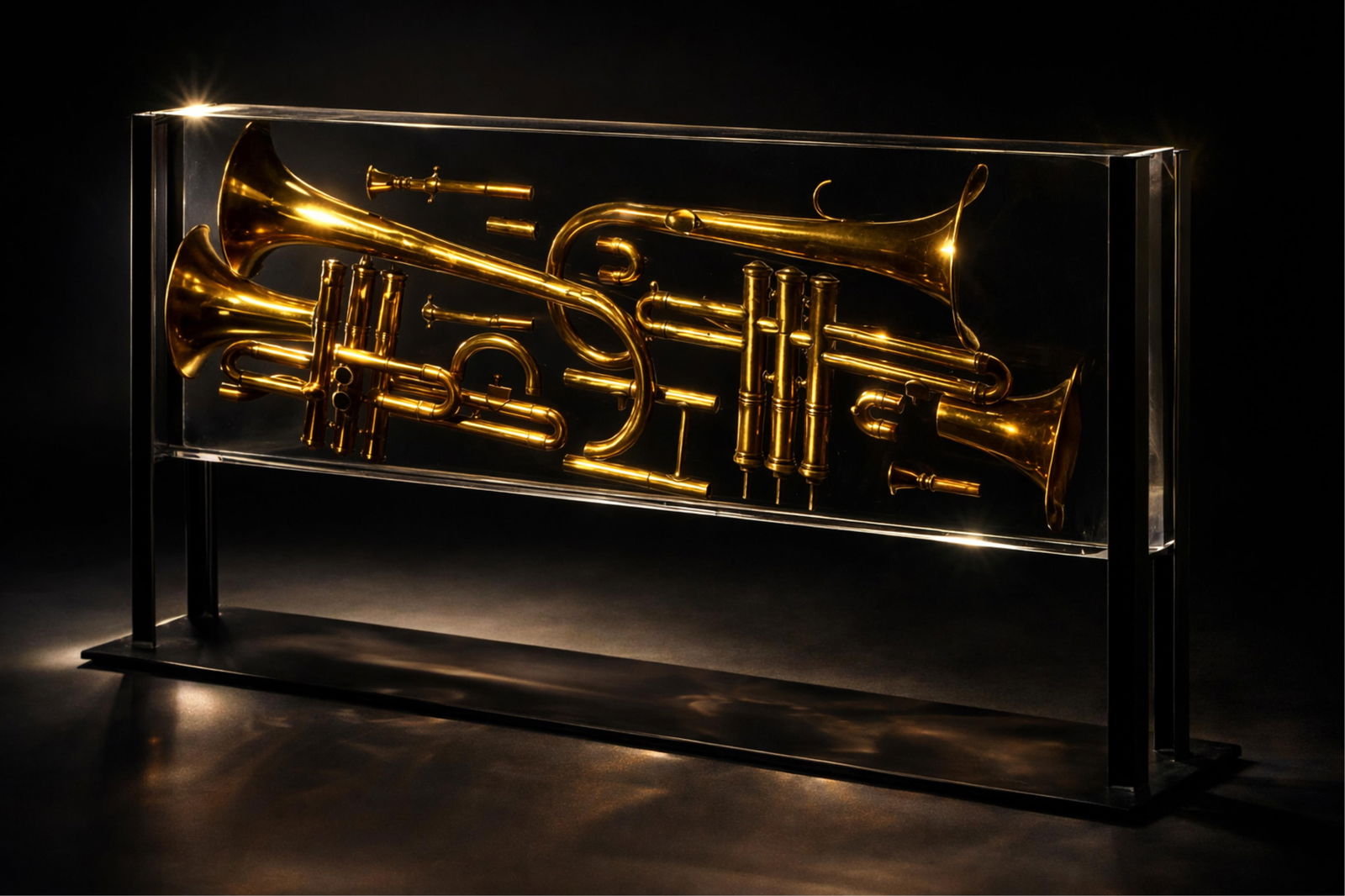 Arman (Armand Pierre Fernandez) Signed encased trumpet parts, wIth display mounting..: Keywords: Pop Art, Found Objects Artworks,, Postwar Modernism, Late 20th Century, Metal Trumpet Sculpture, Musical Sculptural Installation, Mixed Media Construction Summary: Arman (Armand Pierre