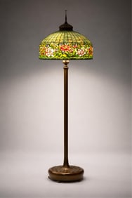 Tiffany Studios, Signed, Art Nouveau, Peony Border Leaded Glass and Bronze Floor Lamp, Model No.