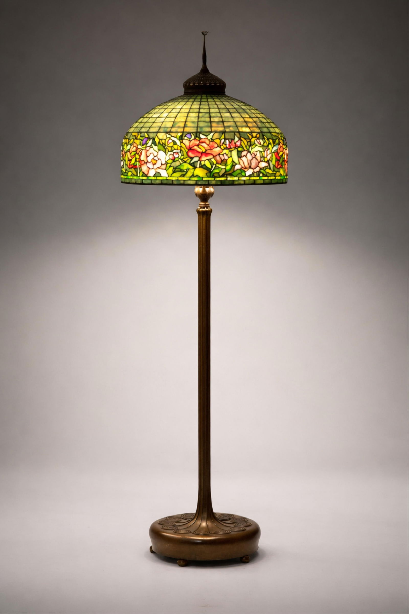 Tiffany Studios, Signed, Art Nouveau, Peony Border Leaded Glass and Bronze Floor Lamp, Model No.: Keywords: Art Glass, Tiffany Studios, Peony Border, Leaded Glass, Bronze Lamp, Early 20th Century Lighting, American Design, Stained Glass Shade, Louis Comfort Tiffany, Decorative Arts, Antique Floor