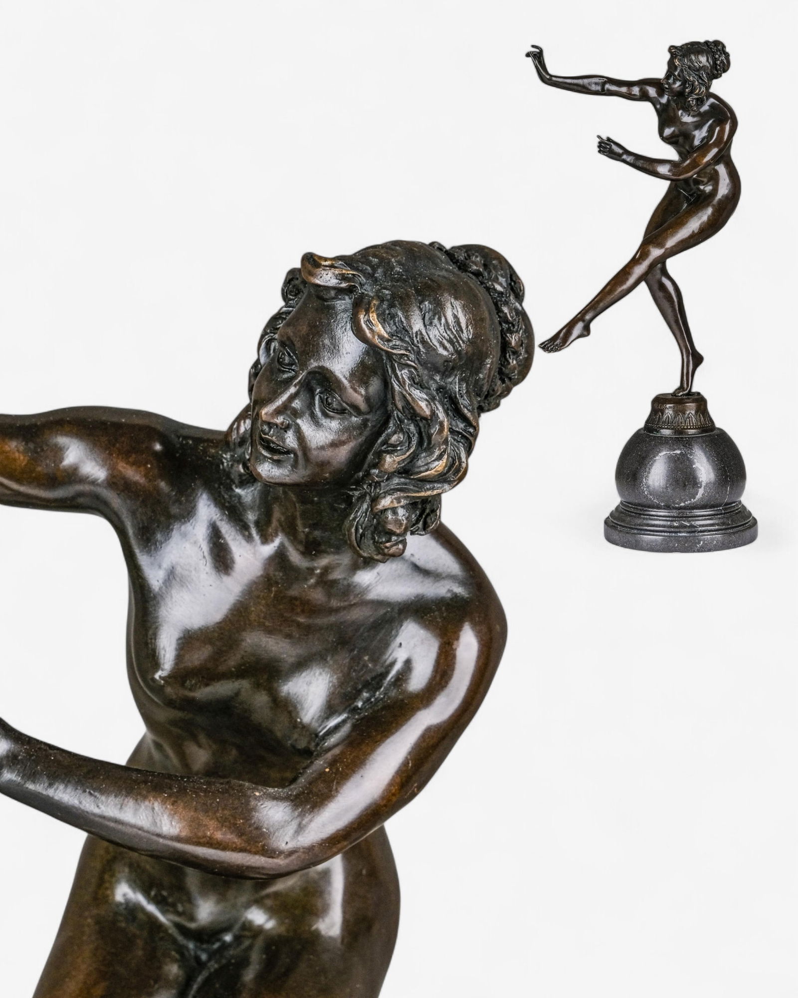 Signed Claire Jeanne Roberte Colinet Art Deco Bronze Dancer on Marble Base (Founders Mark): Keywords: Art Deco sculpture, French bronze, female dancer statue, early 20th century bronze, patinated bronze, classical sculpture, decorative arts, French decorative sculpture, bronze figureSummary: