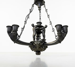 Important 10- light German Patinated Bronze Ceiling Lamp
