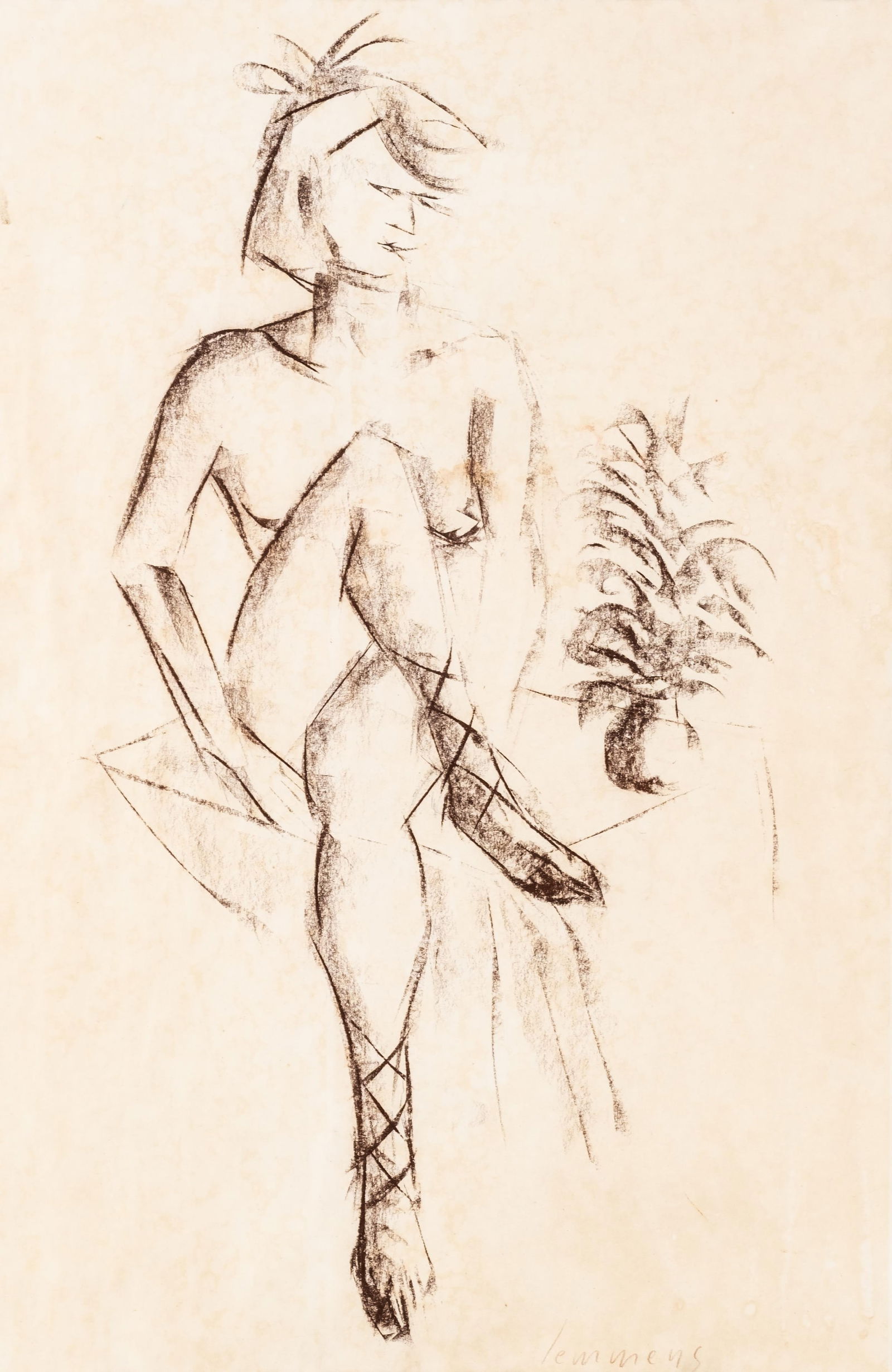 George Lemmens, signed Cubist Figure Charcoal Drawing / Painting: Keywords: nude study, seated female, modernist, cubism, geometric line work, work on paper, atelier sketch, black chalk/charcoal, Ecole de Paris, European 20th century, avant-garde figure, studio mode