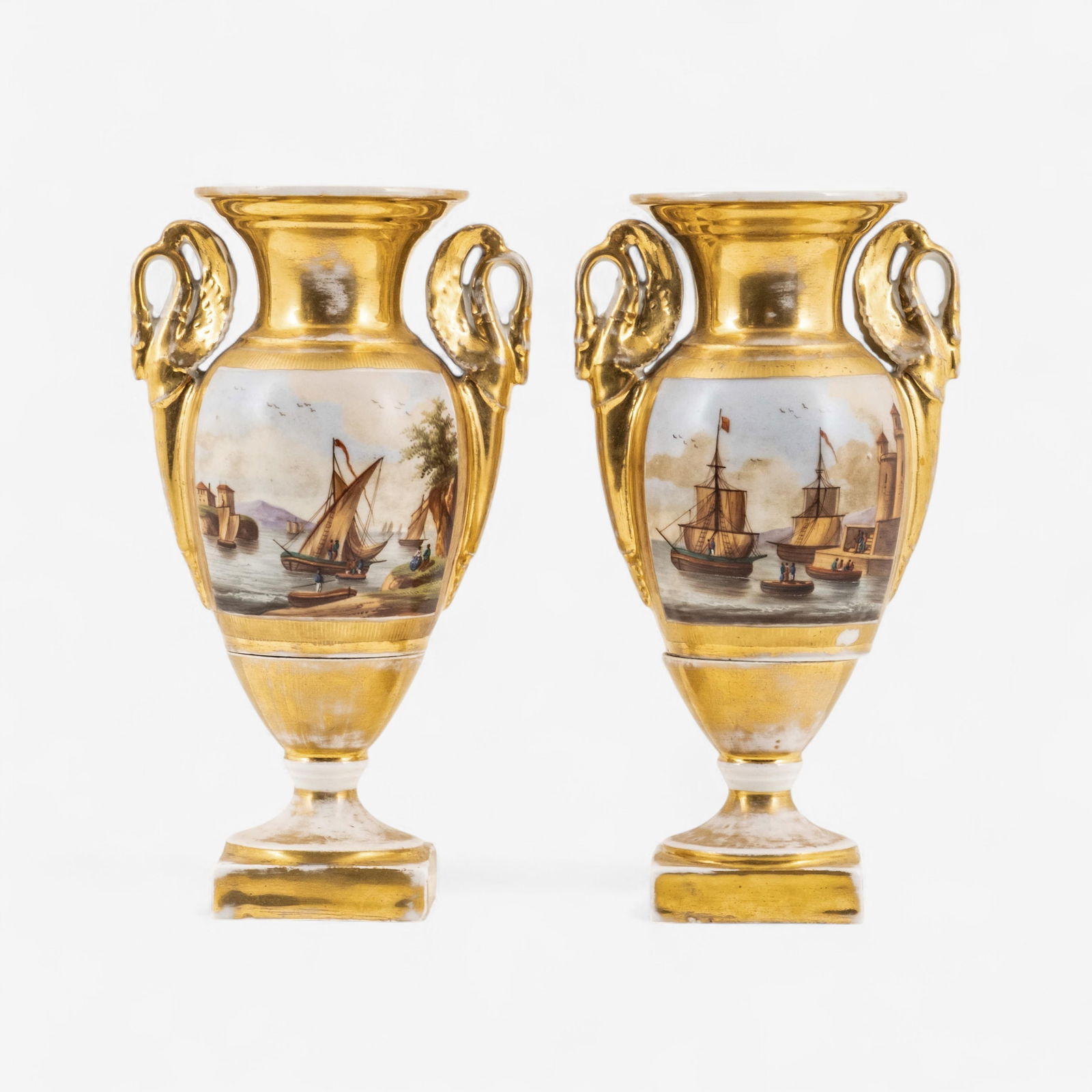 Pair of Old Paris Porcelain Vases with Gilt and Harbor Scenes, 19th Century: Keywords: No reserve, Empire style, French ceramics, Sevres, classical motif, antique decor, mantel display, early 19th century, neoclassical revival, fine porcelain, collectible ceramics, grand tour