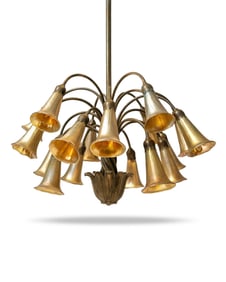 18 Shade Louis Comfort Tiffany Favrille Glass Signed Lily Shades Bronze Ceiling Fixture