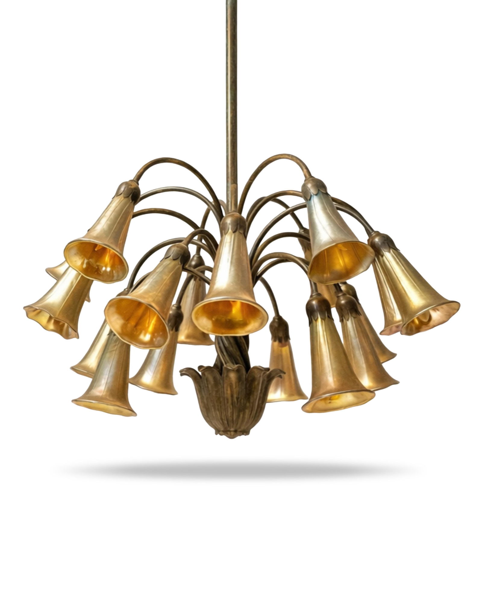 18 Shade Louis Comfort Tiffany Favrille Glass Signed Lily Shades Bronze Ceiling Fixture: Keywords: No reserve, Art Nouveau Movement, Chandelier, Jugendstil Design, Hand-Blown Glass Shades, Iridescent Glass, floral trumpet shades, theatre lighting style, European decorative lighting, Art G