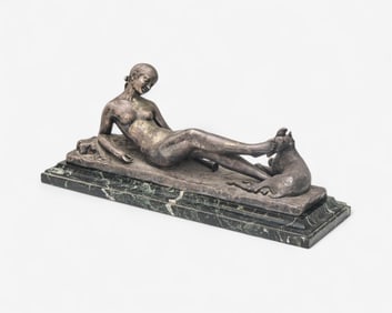 Ary Jean Léon Amer Signed Silvered Bronze Sculpture, Jeune Fille au Faon