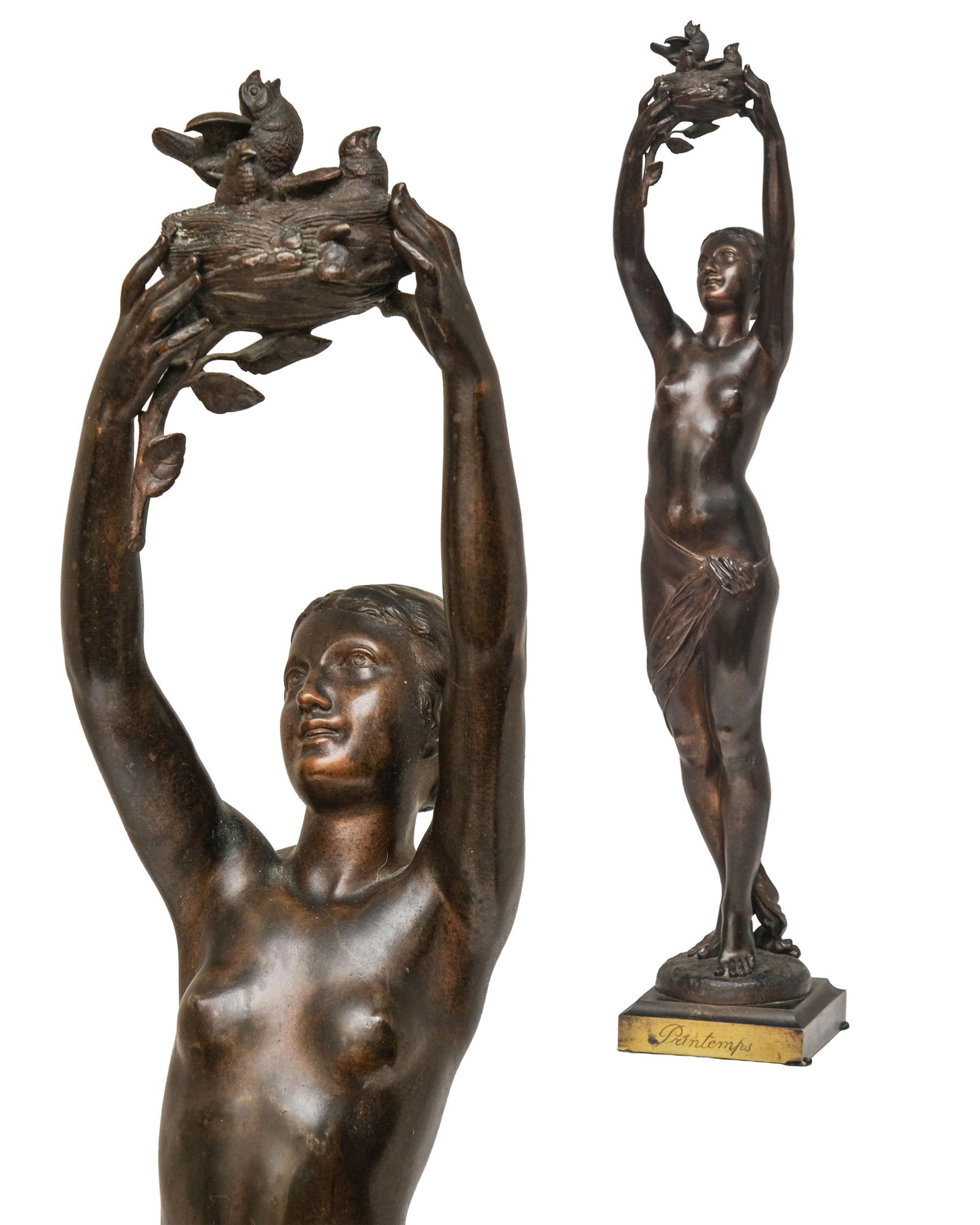 P. Dubois Ft. Signed French School Art Nouveau Bronze Sculpture, Allegory of Spring, Stella: Keywords: Art Nouveau bronze, Belle Époque, French School sculpture, patinated brown bronze, statuette, pedestal base, decorative arts, mantel display, collectible bronze, antique French décorSummar