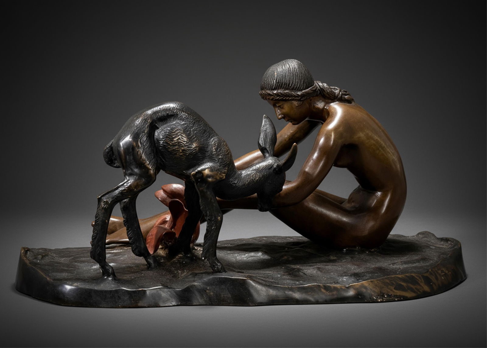 French Art Deco Bronze Girl with Fawn, Attrib. Erich Schmidt-Kestnerc. 1925: Keywords: Lucien Charles E. Alliot. style, figure group, nude maiden, animalier, European sculpture, decorative arts, mantel sculpture, 20th century, desk garniture, stylized faunaSummary:Attributed t