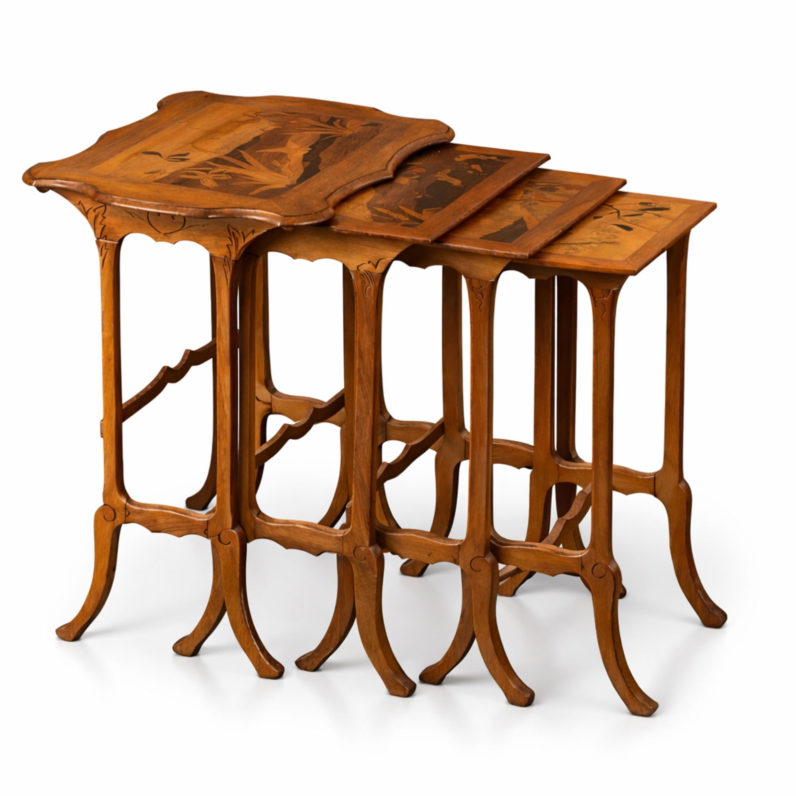 Art Nouveau Marquetry Inlaid Wooden Nesting Tables, Early 20th Century: Keywords: Art Nouveau, nesting tables, marquetry, inlaid wood, wooden tables, occasional tables, side tables, floral inlay, decorative furniture, European furniture, early 20th century furniture, anti