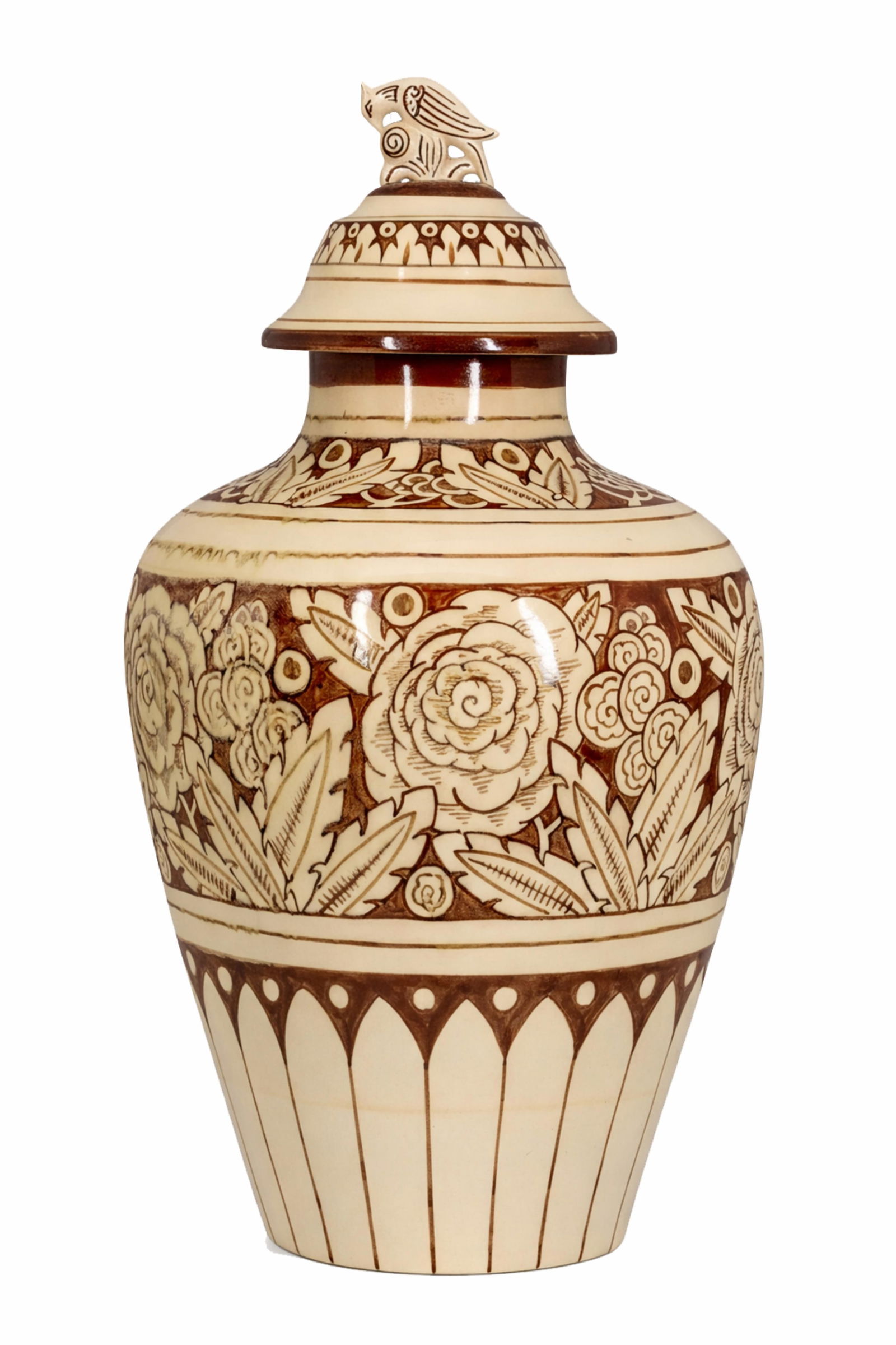 Monumental French Art Deco Lidded Vase with Bird Finial, signed: Keywords: earthenware, faience glaze, covered jar, interwar period, 1920s 1930s, mantel display, decorative ceramicsSummary:Art Deco monumental covered hand painted ceramic vase on an ecru ground with