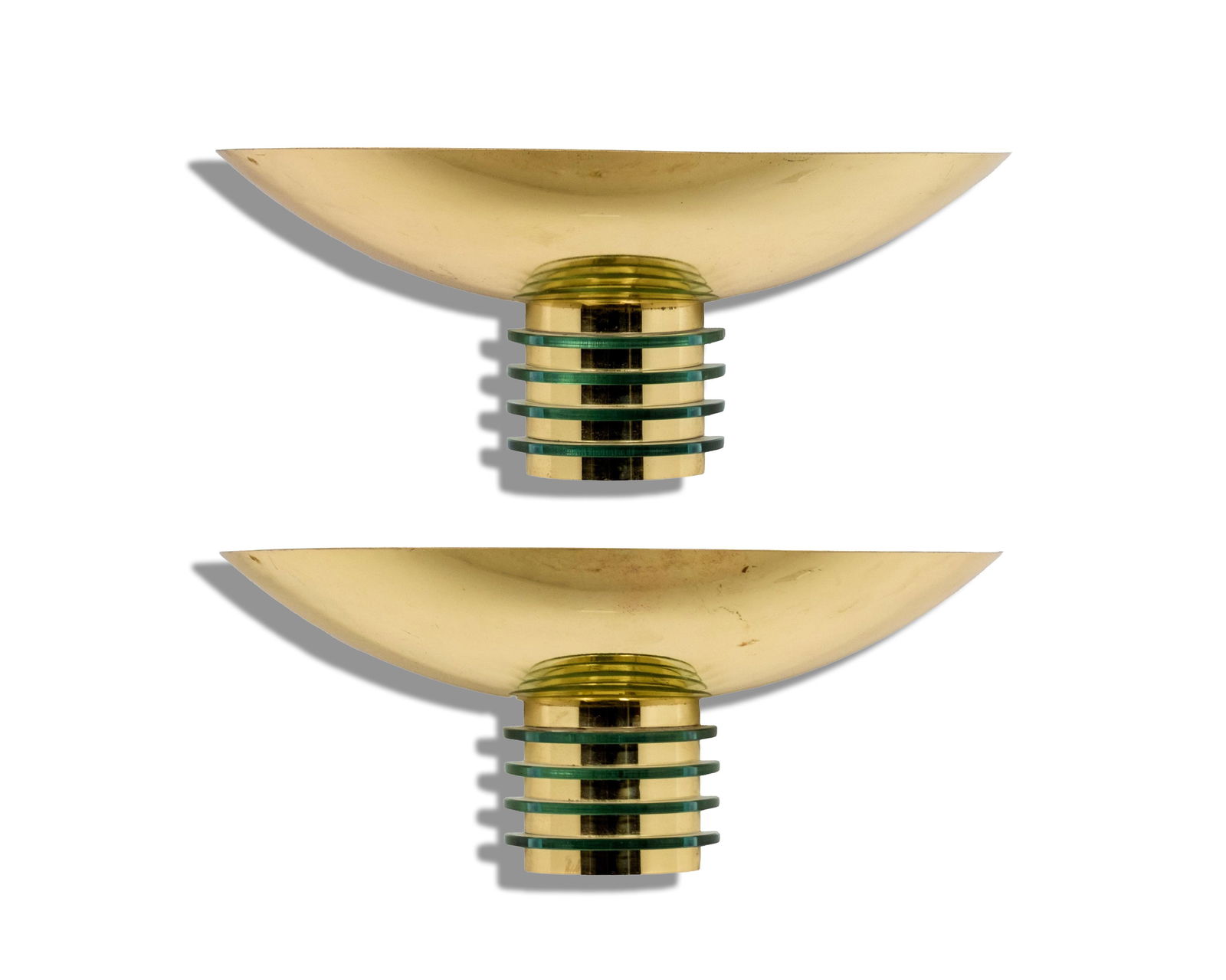 Pair Art Deco Fontana Arte Style Brass and Crystal Wall Sconces: Keywords: wall lighting, entry or hallway lighting, vintage lighting, home decorative light, demi-lune uplighter, Hollywood Regency, Early 20th century, interior design lightingSummary:Spectacular Pai