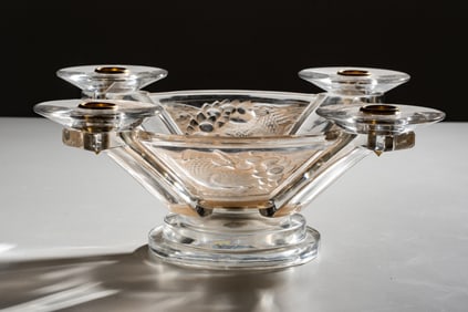 Lalique "Faisans" Crystal Centerpiece bowl with Four Candle Holders, Signed