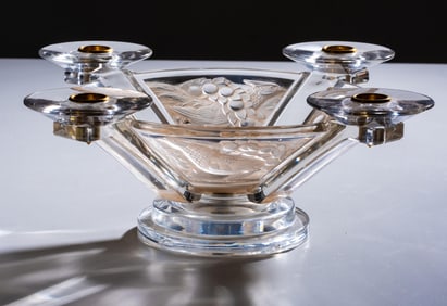 Lalique "Faisans" Crystal Centerpiece bowl with Four Candle Holders, Signed