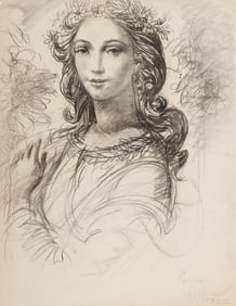 Paul Mantes Signed, France, 1977, Charcoal and Graphite Drawing ‘Primavera’ Studio Signed