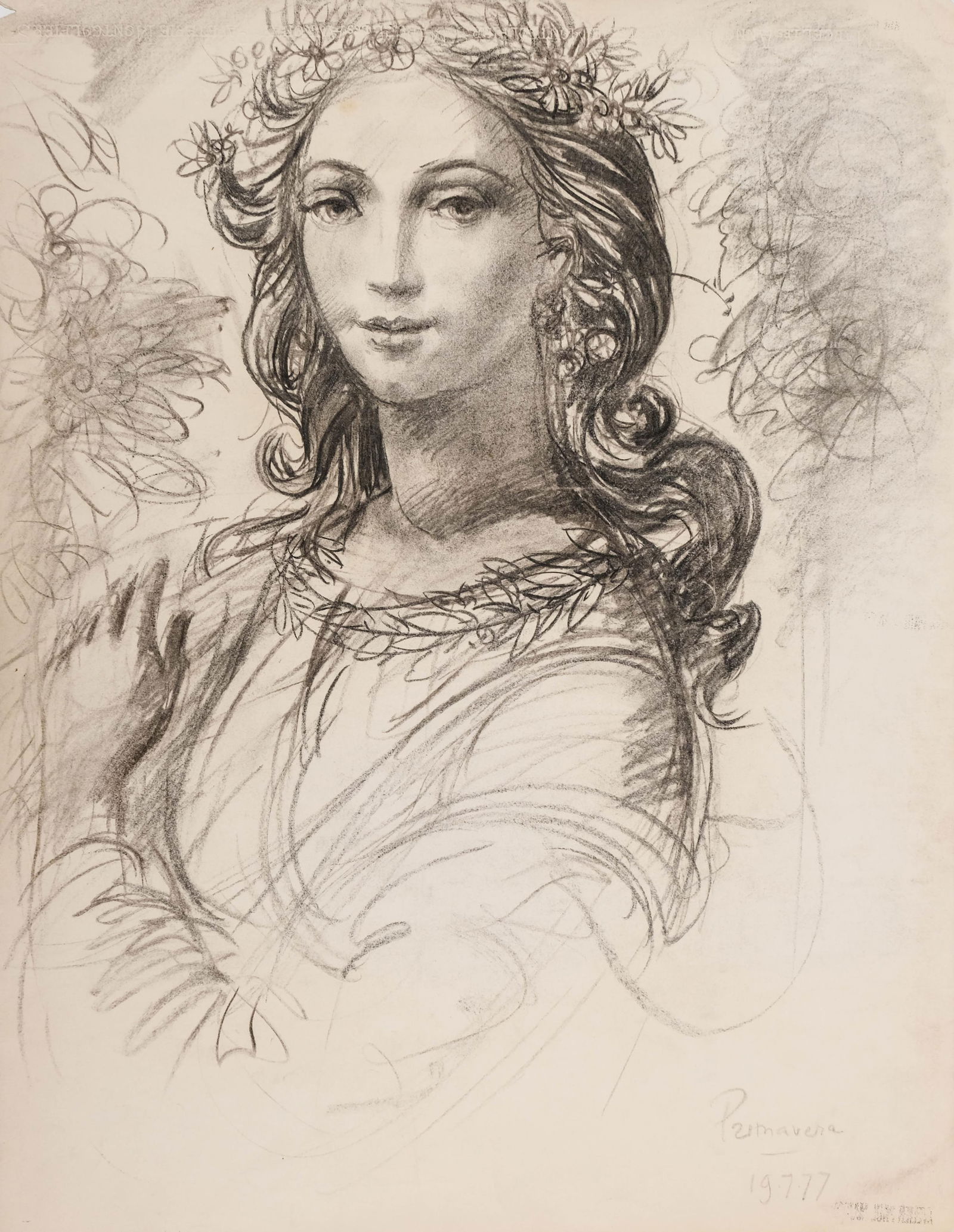 Paul Mantes Signed, France, 1977, Charcoal and Graphite Drawing ‘Primavera’ Studio Signed: Keywords: Modern Classicism, Contemporary Realism, Figurative Modernism, Post-War European Art, Symbolist Influence, Academic Revival, Jean Cocteau style, Henri Matisse style, Edmond Aman-Jean style,