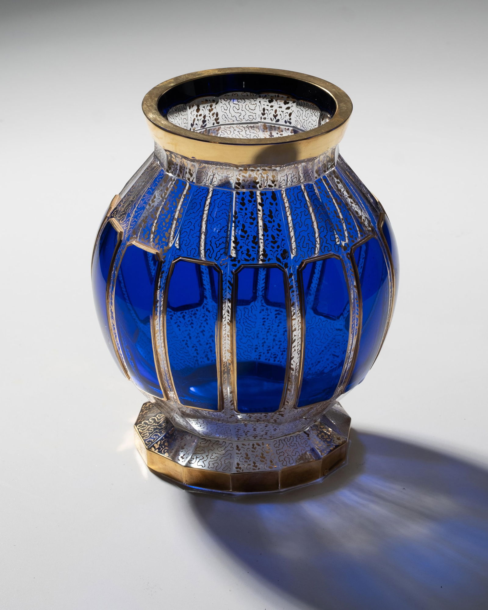 Vienna Secession Moser Cobalt And Gilt Paneled Art Glass Vase, 20th Century: Keywords: No reserve, Moser, Vienna Secession, contemporary studio glass, cut crystal, art glass, decorative centerpiece, table display, modern designSummary:Moser signed Vienna Secession Cobalt and c