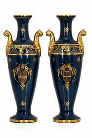 Art Deco Marked “Maurice Pinon" Teal & Gilt Porcelain Vases, Pair