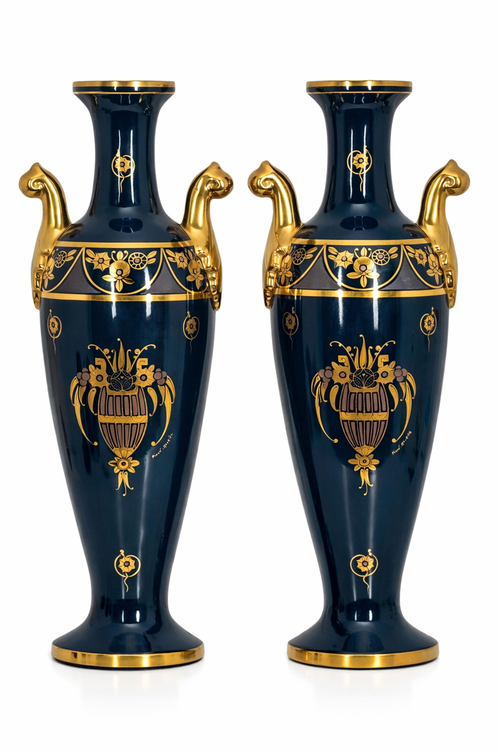 Art Deco Marked “Maurice Pinon" Teal & Gilt Porcelain Vases, Pair (1 of 11)