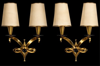 Attributed Jules Leleu Art Deco Ribbon Knot Gold Plated Wall Sconces