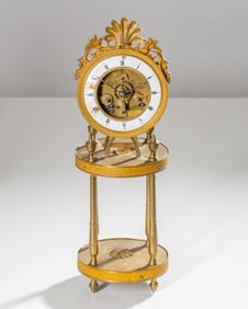 Small Clock Called "Skeleton" In Chased or Knurled and Gilded Bronze