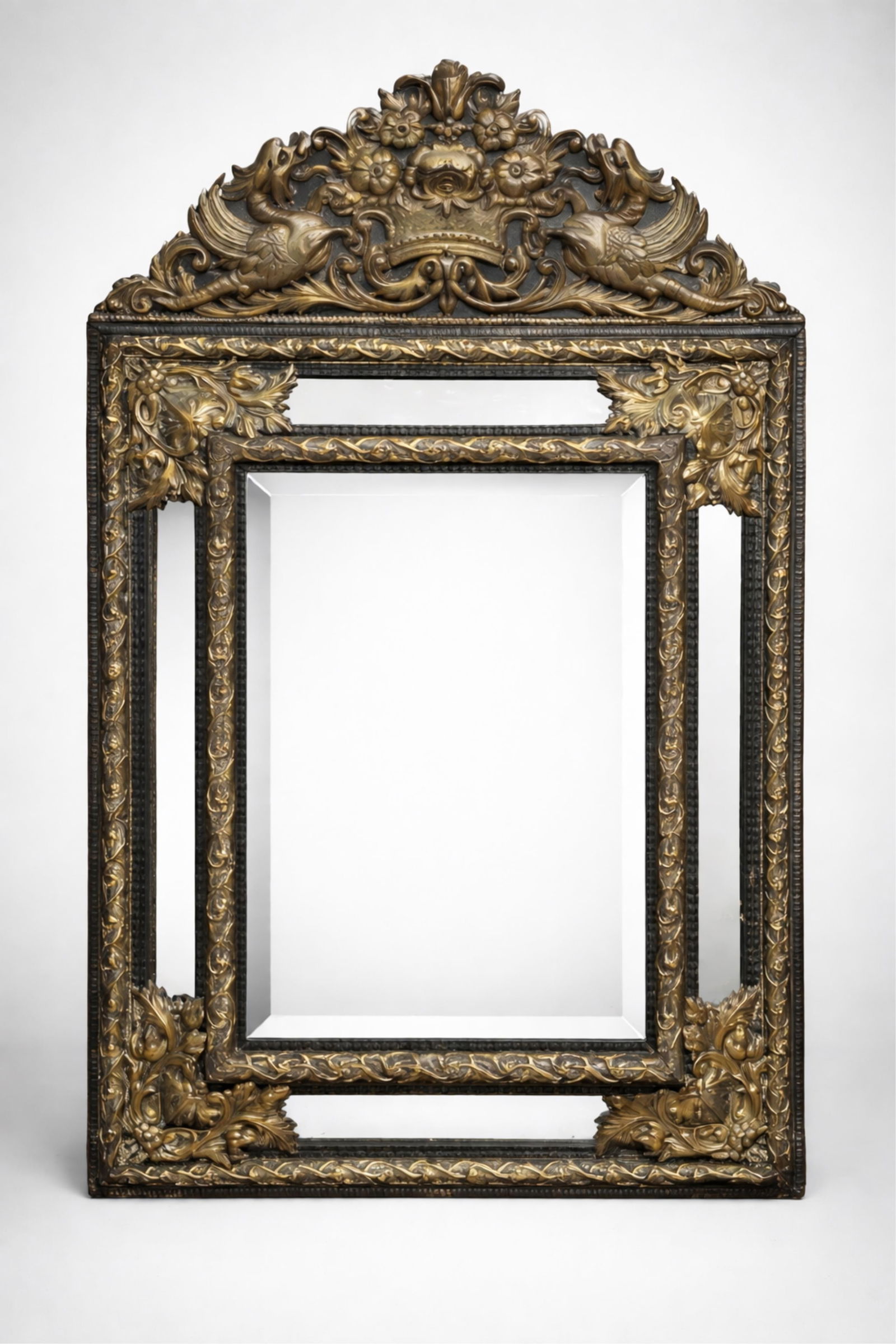 Fine Regency Pediment Mirror in Carved Wood Covered with Repousse Bronze work, 19th century (1 of 5)