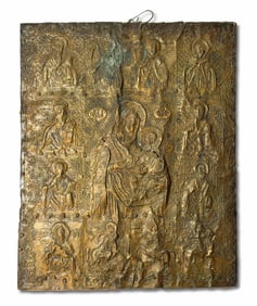 Greek 19th Century Theotokos Hodegetria Icon, Gilt Copper Panel
