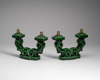 Marcel Guillot, Signed, French Art Deco Green-Glazed Double-Arm Candlesticks