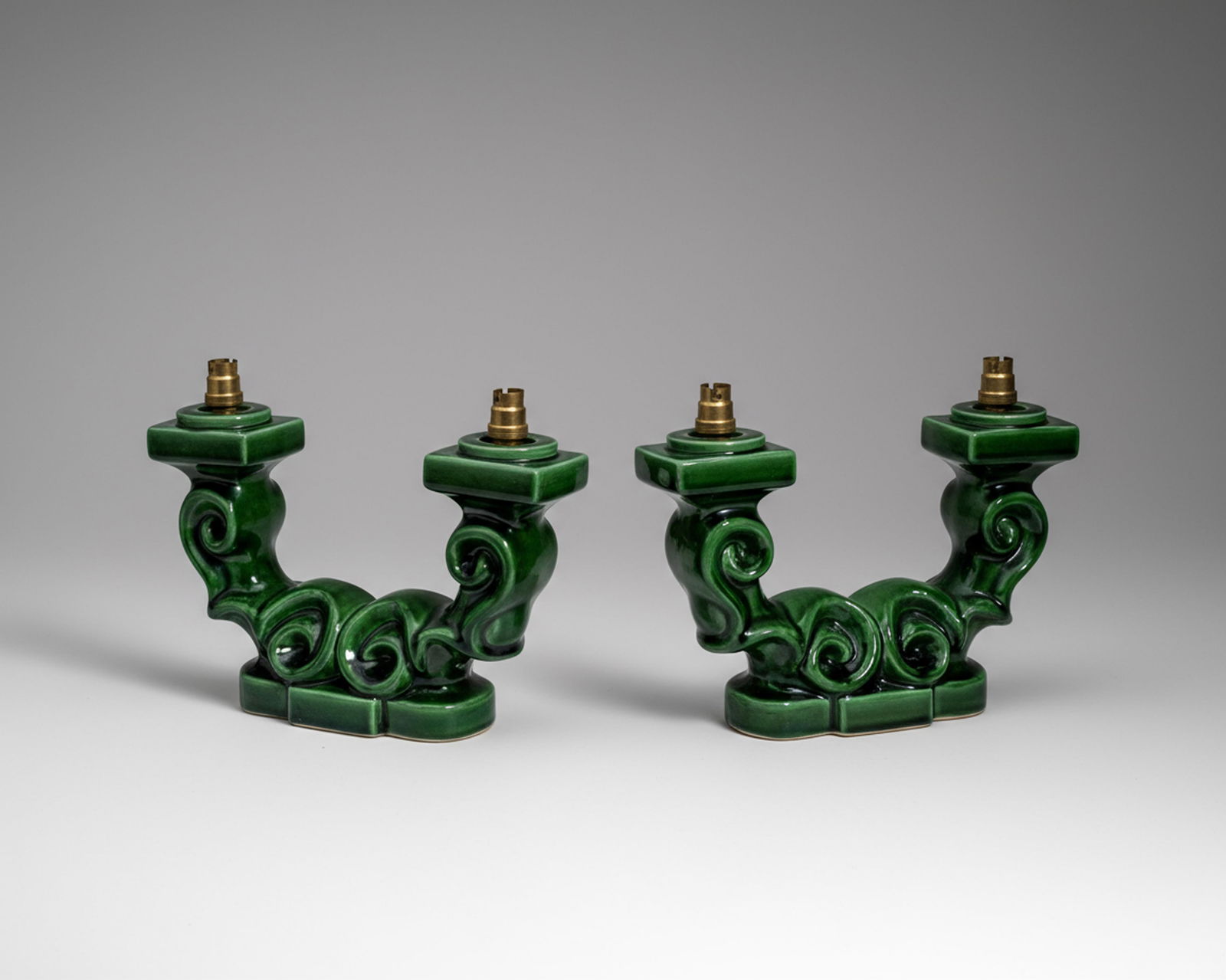 Marcel Guillot, Signed, French Art Deco Green-Glazed Double-Arm Candlesticks (1 of 7)