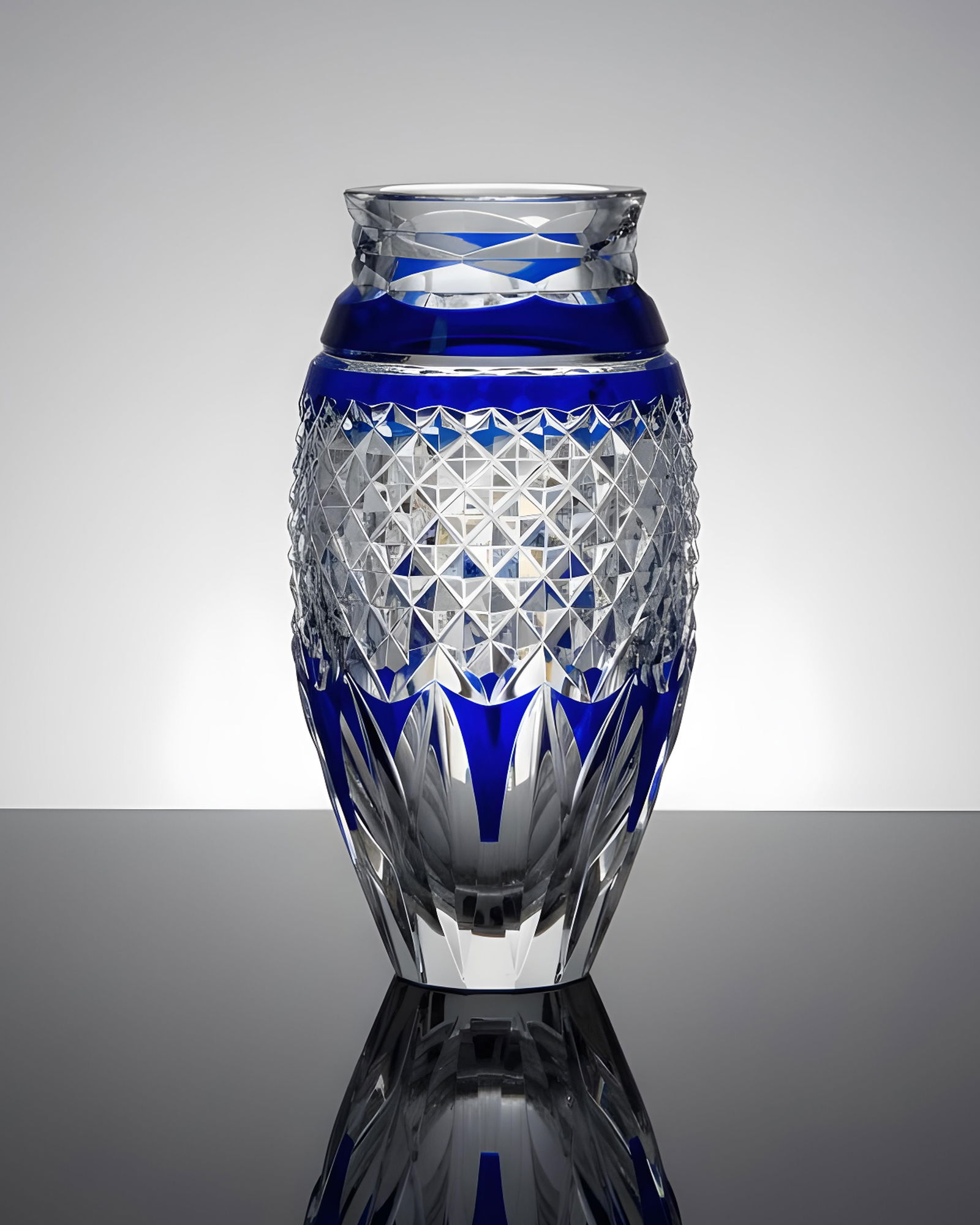 Val Saint Lambert Cobalt Overlay Cut Crystal Vase, Signed (1 of 9)