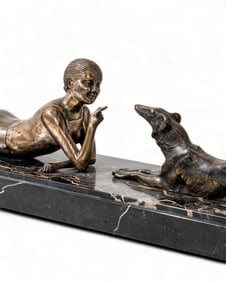 French Art Deco Chiparus (Manner of) Bronze Girl & Greyhound on Marble