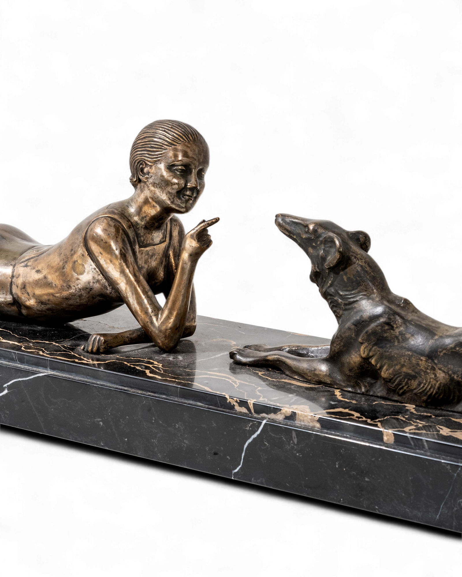French Art Deco Chiparus (Manner of) Bronze Girl & Greyhound on Marble: Keywords: animalier, greyhound, figural group, decorative arts, mantel sculpture, patinated bronze, French schoolSummary:French Art Deco bronze figural group in the manner of Demeter Chiparus depictin